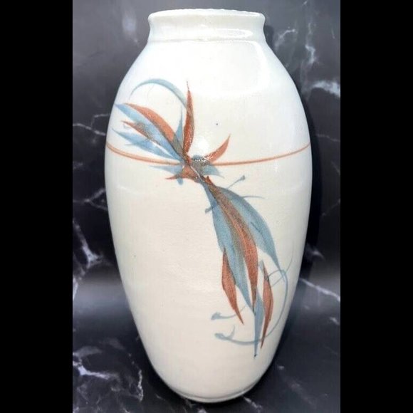 Vintage White Glazed Painted Feathers Western Stoneware Pottery Vase - Signed